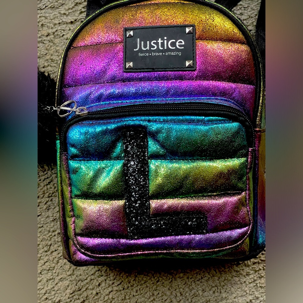 JUSTICE RAINBOW GLITTERY GIRLS MINI BACKPACK! Sequined L! 10”x8”x3”. Zip close.